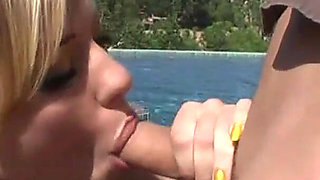 Hot blonde babe gets banged by poolside