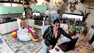 Dominant Biker Leather MILF Inflatable Office Fantasy. Beach Balls, Oral, Doggy and Cum Play