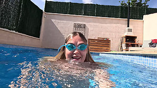 Nude Pool Tease and Masturbation While He Watches