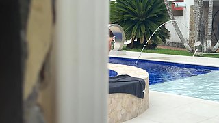 Latina masturbates by the pool while step-bro watches her