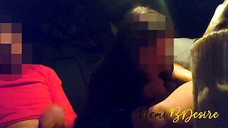 Slutty girlfriend sucks three cocks met in the club in the car