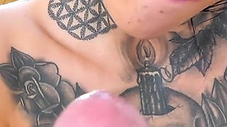 Tattooed Janey Doe deepthroat POV cum swallow blowjob