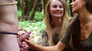 Wild girls found a tied up guy in the woods and licked every inch of his dick