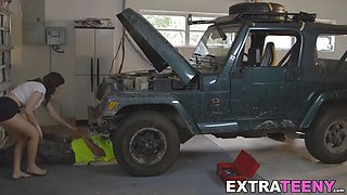 Car mechanic with fat pecker gets to fuck a hot small babe