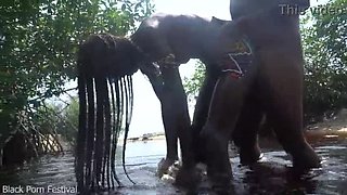 Skinny African Girl Dolcina Surprised by Dickmatiser Outdoor Bathing in Forest
