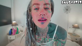 Heavily Tattooed Teen Fucks Herself With Big Dildo