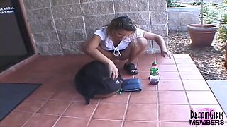 Amateur brunette smokes a cigarette while pissing outside in homemade HD video