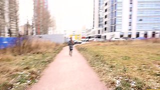 Russian teen gives blowjob and gets shaved pussy rammed hard