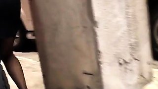 Gorgeous brunette in lingerie ass fucked outdoors