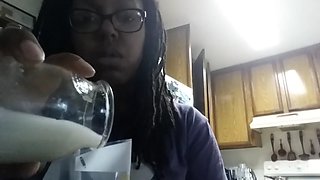 Ebony squeezes milk out of her big black breasts for Youtube