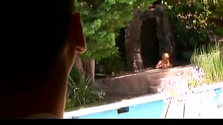 Horny blonde sucks dude's cock by the pool