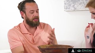 Sexy Redhead Sonia Harcourt Gives Nuru Massage & Blowjob To Her Husband's Big Cock