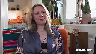 German Amateur Lindsey Cruz Solo Masturbation with Glass Dildo on Kitchen Table