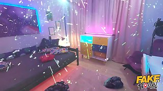 Faux hostel - extreme visit by 2 stellar intergalactic backpackers turns into hot 3some with young natural body babes