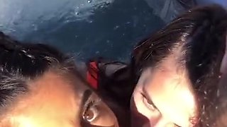 Two stunning ladies, abbie and lena, sharing a lucky guy's impressive size.