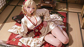 Kneeling under the Torii gate in a beige modified kimono, she touches her chest and traces her collarbon