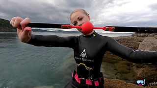 Ocean Rope Bondage with Ballgag in Wetsuit