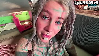 Petite Goth with tattoos gets sloppy blowjob and creampie at home