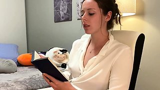 Voyeur of sexy brunette reading a hot romance novel and