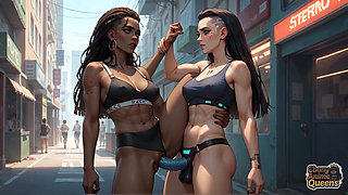 Cybernetic Ebony Queen's Milk Gushing Orgasm in Neon City! Warm Dark-hued Hardcore Porn!
