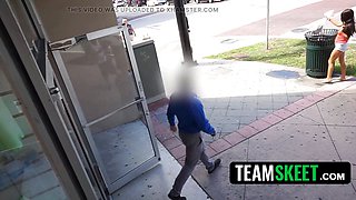 Caught and Creamed - Store Manager's Dick Down My Throat and Guard's Cum on My Face