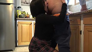 Stepmom Susan Rims and Swallows Stepson's Cum in the Kitchen