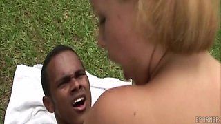 Passionate vintage blonde shares intense blowjob with massive black cock lover