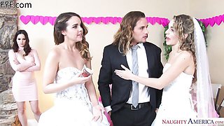 Dillion Harper and Kimmy Granger white lace stockings threesome on beige bed with floral wall art