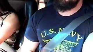 Traffic Blowjob: Exhibitionist Brunette Shows Her Tits and Sucks It All in the Car