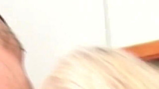 Blonde hairy mature with big boobs gets kitchen fucked and creamed in mouth