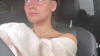 Busty curly brunette with big boobs fucks on couch