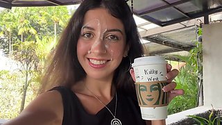 Cute brunette wants fresh semen in her Starbucks order