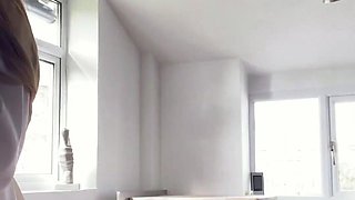 Blonde Housewife with big boobs masturbates with huge dildo