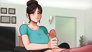 My busty maid gives me a handjob while doing chores, can't believe it