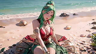 Green Goddess Beach Soliloquy! What bikini hides under that red gold armor?