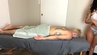 Naughty MILF Massage Therapist Rides a Huge Cock until He Cums Deep inside Her - Amateur Couple