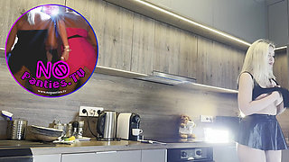 Amazingly Beautiful Hot and Horny Girl in Stockings in the Kitchen Flashes Her Tight Pussy and Ass