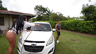 Two Hot Car Washers Wash His Car and End up Fucking Him in a Dirty Threesome