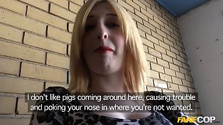 Blond fuckslut invites the policeman to fuck her Tight Pussy - faux cop