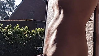 Sexy sunbathing. Who blows my cock in the morning sun? Cum is already dripping from my cock.