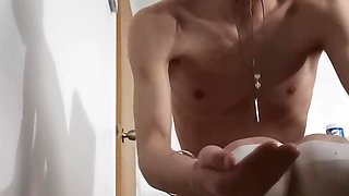 Japanese Sissy Twunk spunk with v-card cage and ass-fuck ass-plug