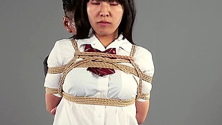 Miwa Kiritani Hands Tied Behind Her Back While Tesshin Doyama Stimulates Her Feet