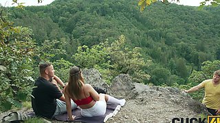 Two blondes fuck with a guy while his wife watches