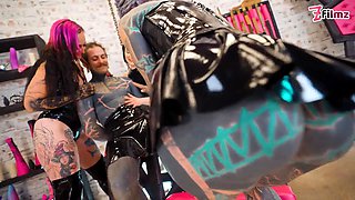 Three aggressive spandex princesses ruin tattooed victim with deep sounding & urethral fingering