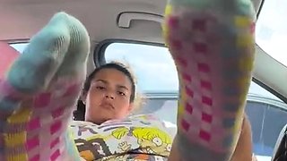 Brunette with foot fetish rubs big dick with her feet in POV
