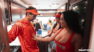 Crazy College GFs: Horny Cheerleaders Traveling Fan Fuck Fest with Brunette Emerald Loves - Threesome Orgy