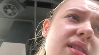 Creampie pussy. Squirting and fingering in public