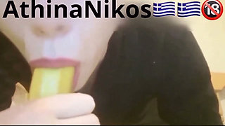 Athena gives a blowjob and gaping her ass with a banana