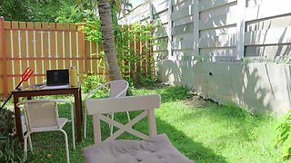 Watch a seductive petite girlfriend tease in the backyard with a hot outdoor fuck