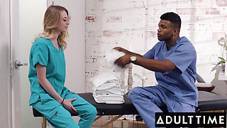 Kyler Quinn inserts a massive masseur's penis into her tiny pussy for an experience